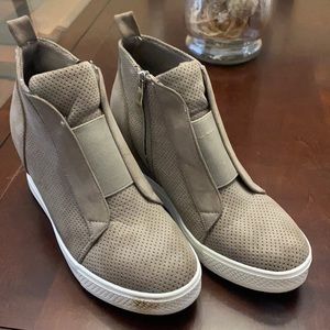 Taupe wedge angle booties, size 7